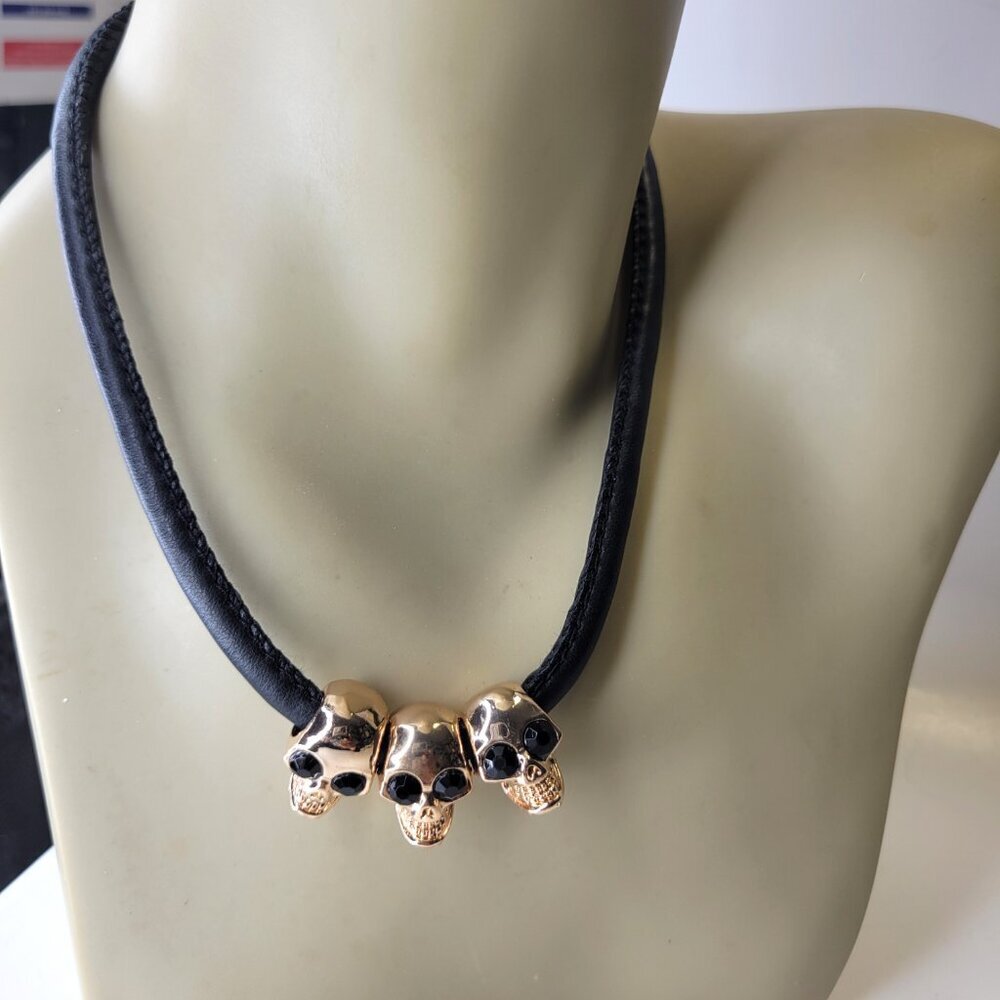 Skull Pendant Choker Necklace Skull Heads on Black Cord Necklace